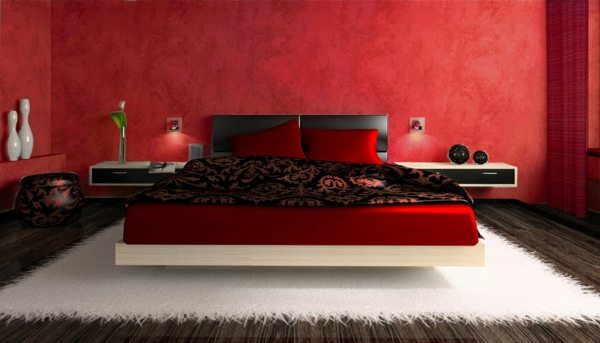modernes bett in rot und schwarz im luxuriösen schlafzimmer