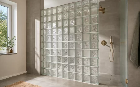 Moderne Walk-in-Dusche mit Wand aus Glasbausteinen und Messingarmatur