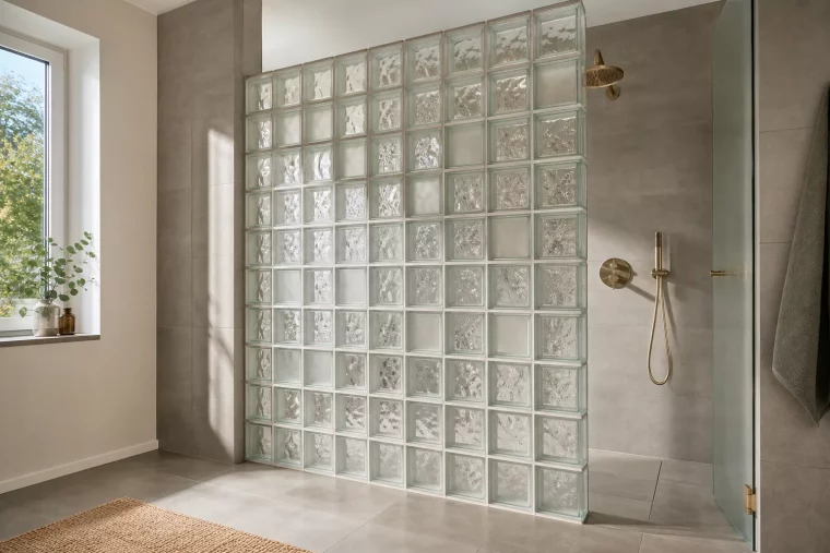 Moderne Walk-in-Dusche mit Wand aus Glasbausteinen und Messingarmatur