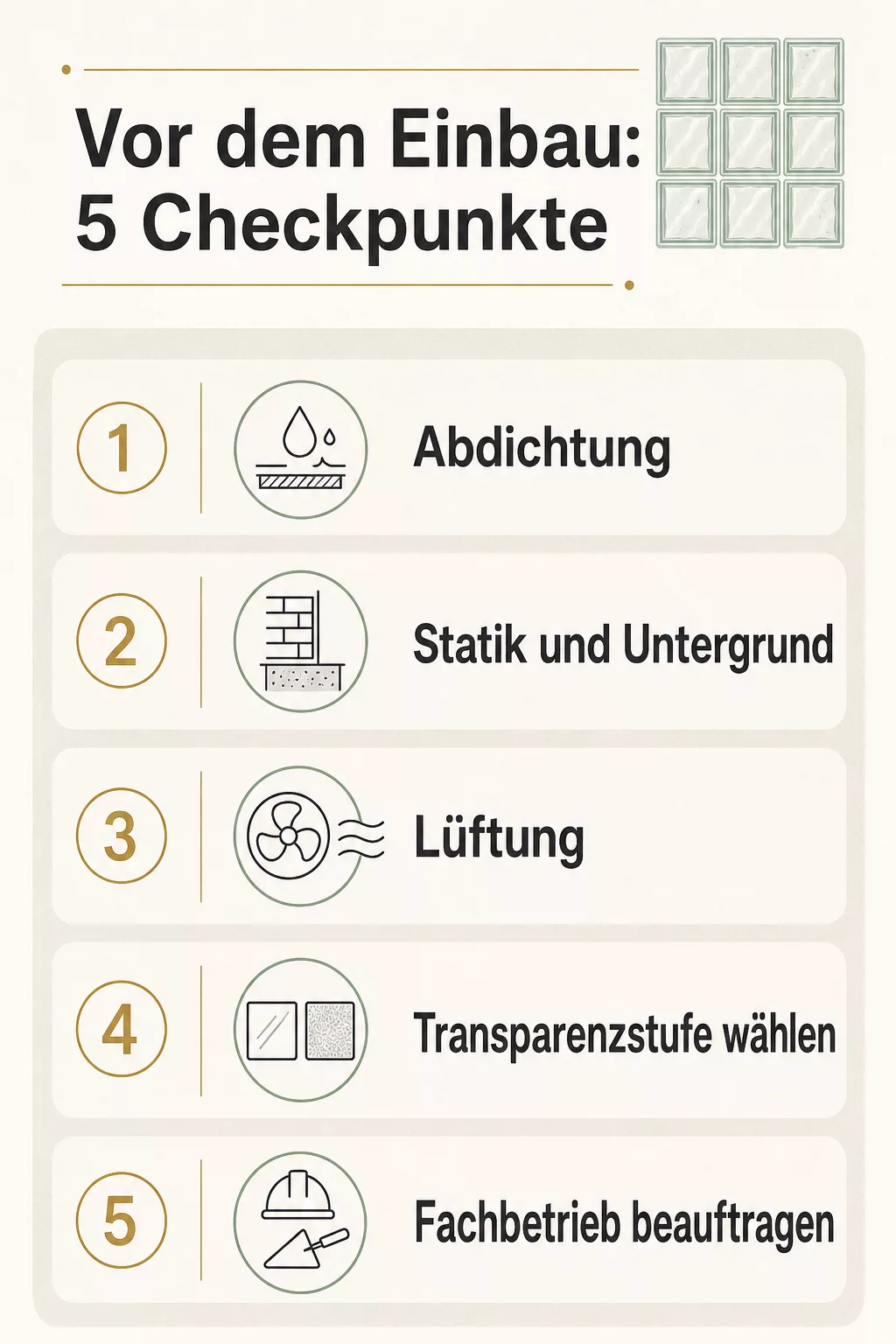 Infografik mit fünf Checkpunkten vor dem Einbau von Glasbausteinen