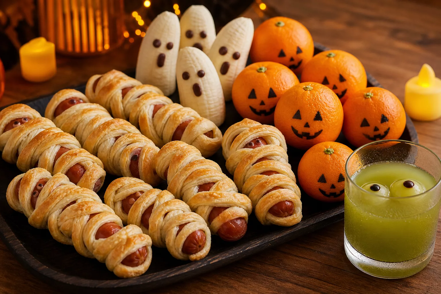 Fingerfood-Platte mit Mumienwürstchen und Gespenster-Bananen als Buffet-Idee