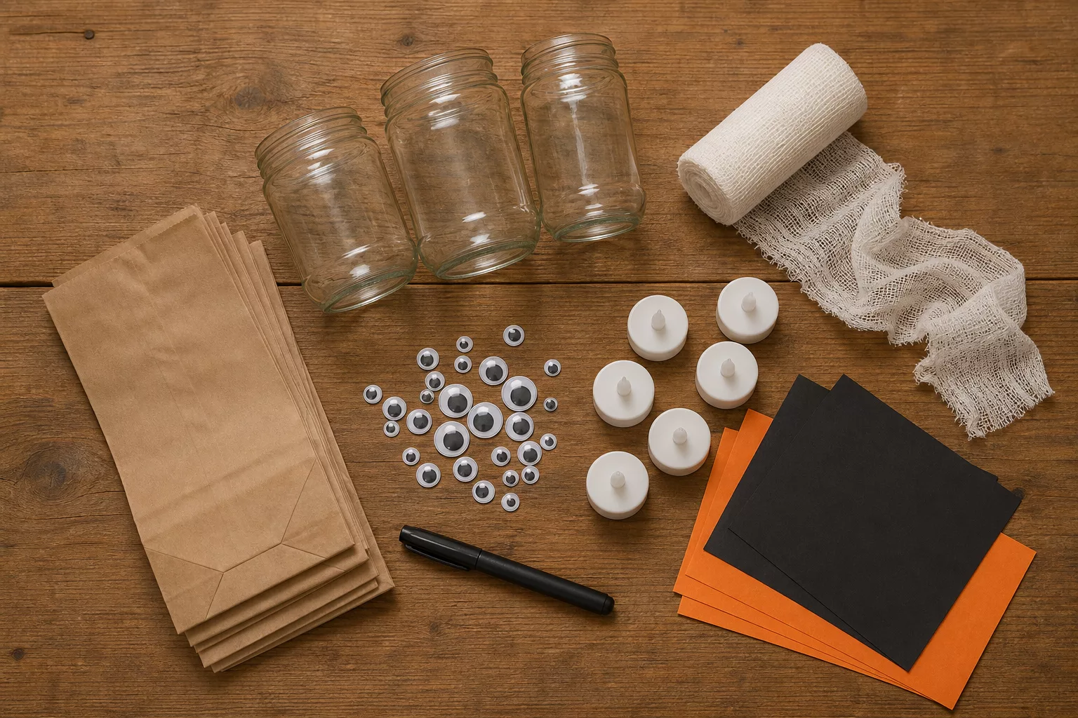 Material-Flatlay für schnelle Halloween-Deko: Gläser, Mullbinde, Wackelaugen