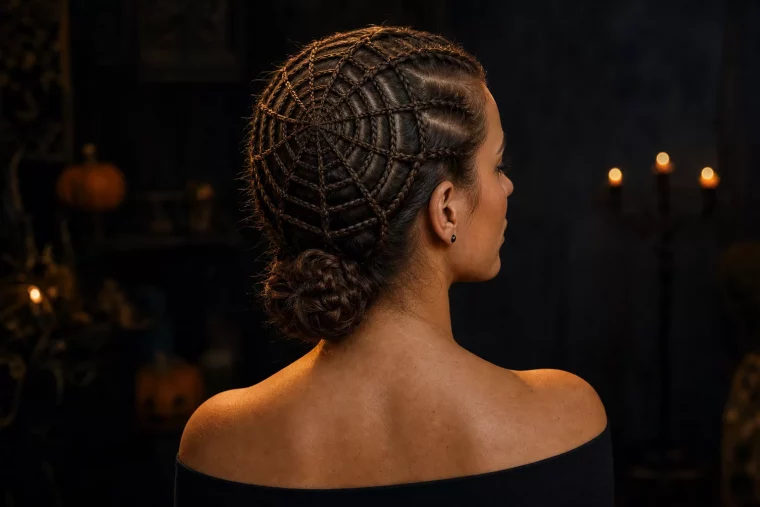 Halloween Frisuren 2026: Spinnennetz-Flechtwerk zum eleganten Dutt