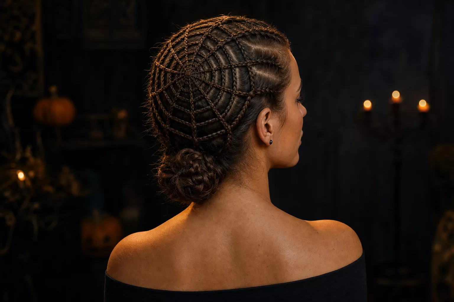 Halloween Frisuren 2026: Spinnennetz-Flechtwerk zum eleganten Dutt