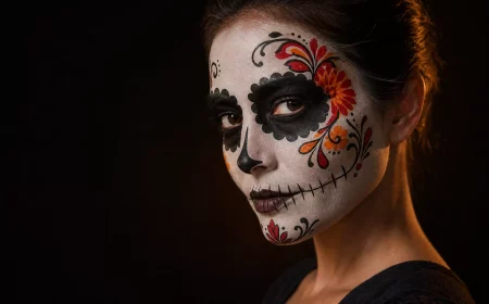 Halloween Gesicht als Sugar Skull geschminkt mit weißer Basis und Blütenmuster