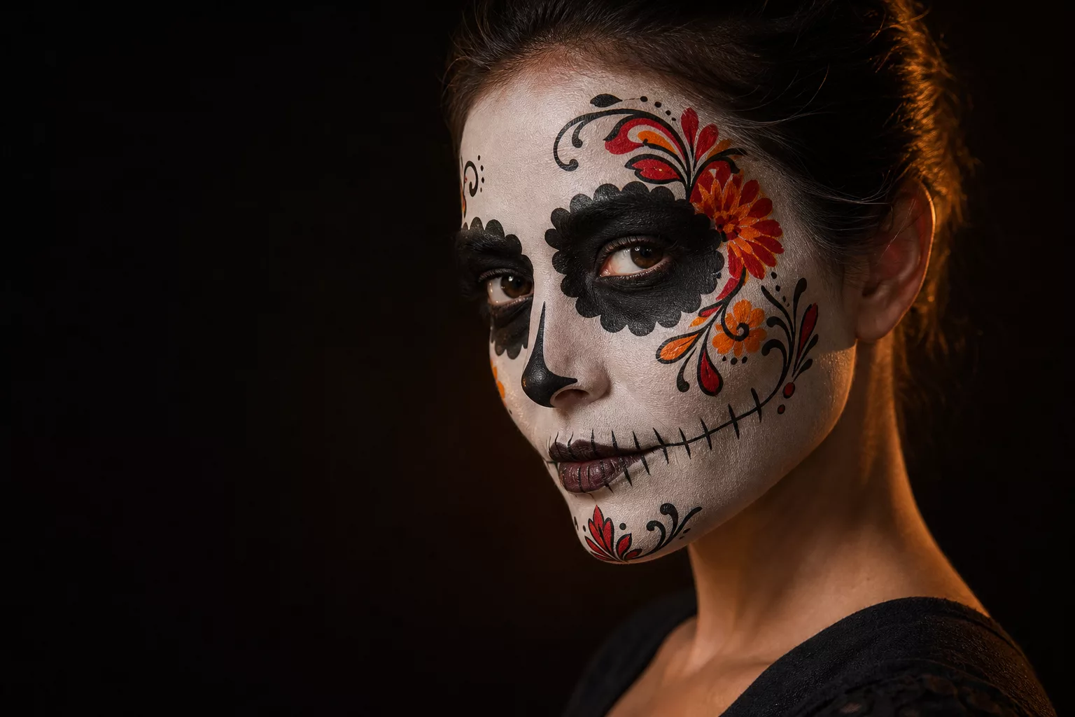 Halloween Gesicht als Sugar Skull geschminkt mit weißer Basis und Blütenmuster