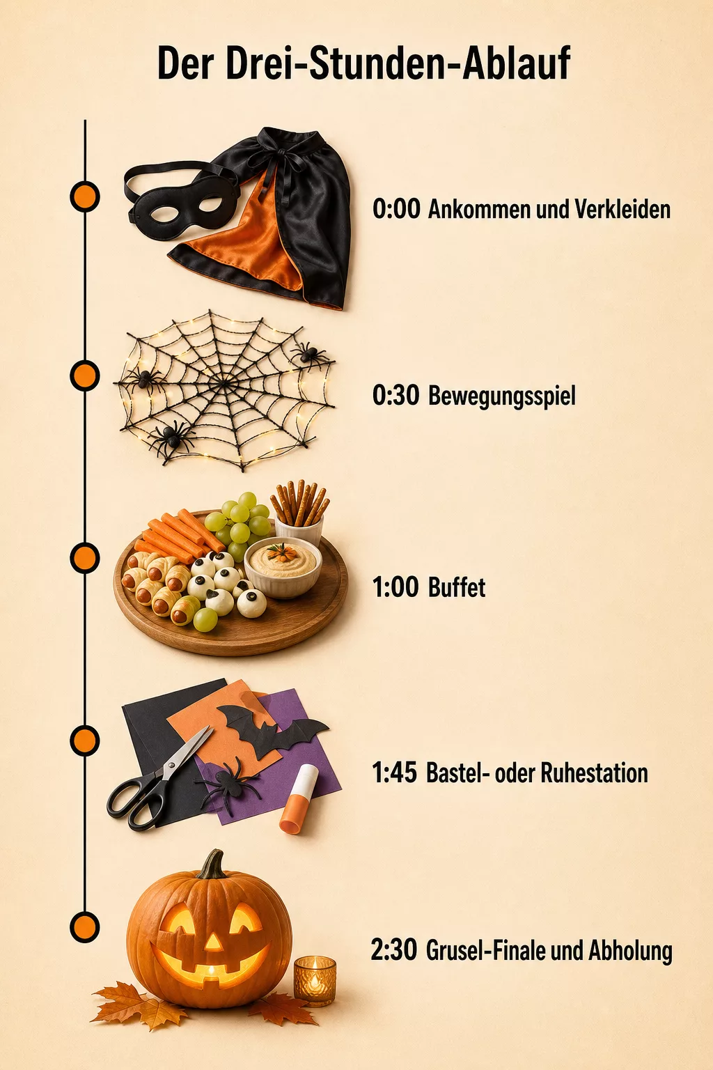 Infografik zeigt den Drei-Stunden-Ablauf der Halloween Kinderparty