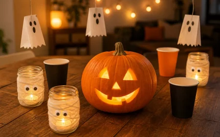Gedeckter Tisch für die Halloween Kinderparty mit Kürbis und Lichtern