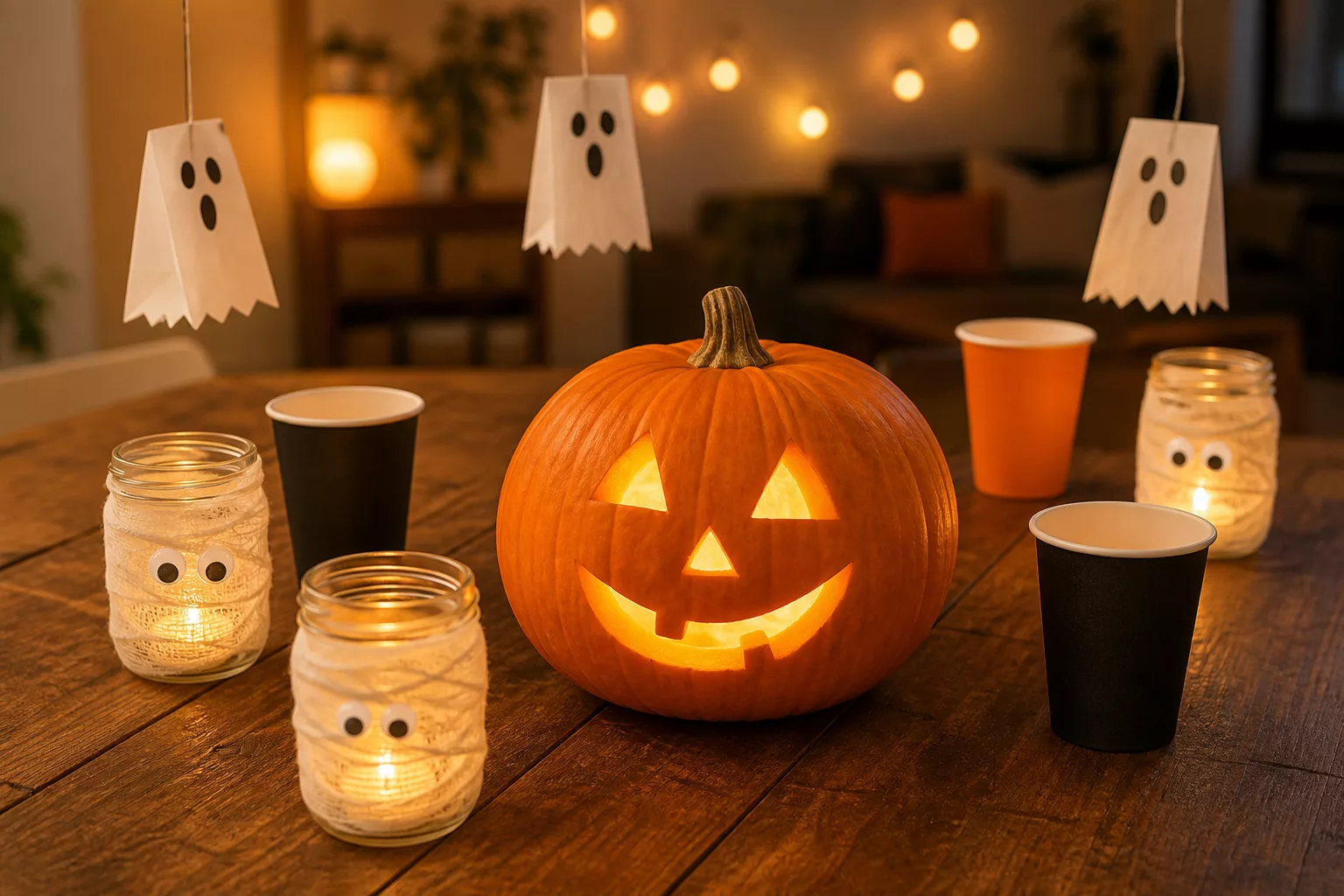 Gedeckter Tisch für die Halloween Kinderparty mit Kürbis und Lichtern