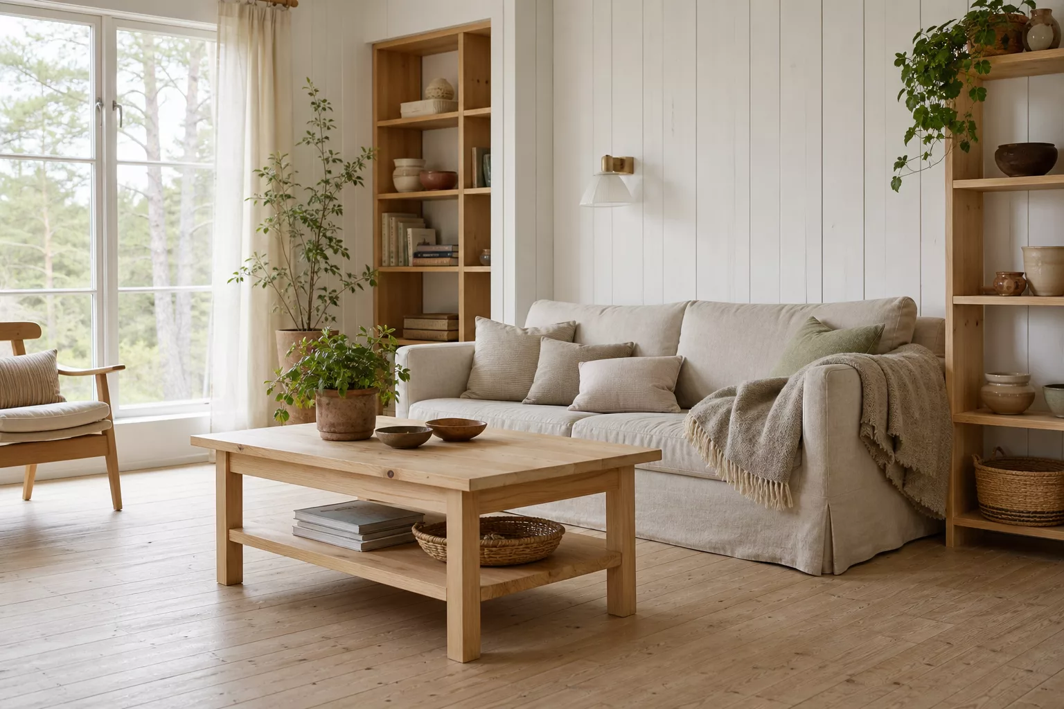 Helles skandinavisches Wohnzimmer mit Kiefernholz und Leinentextilien