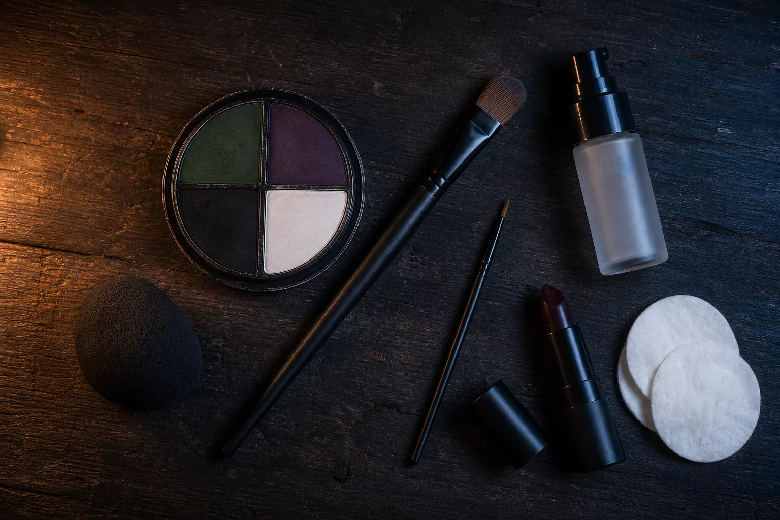 Grüne und lila Aqua-Schminkpalette, Schwamm, Pinsel und Fixierspray für Hexen-Make-up