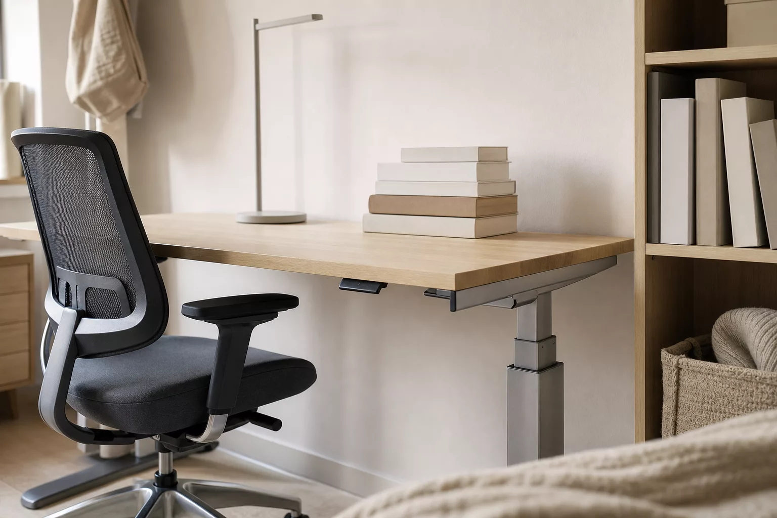 Höhenverstellbarer Schreibtisch mit ergonomischem Stuhl in der Lernecke