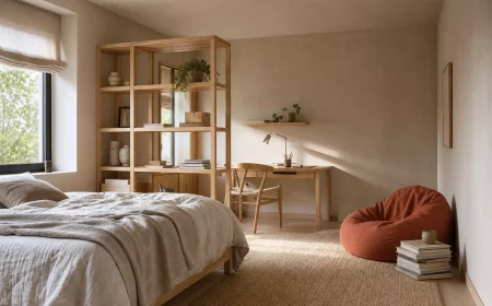 Jugendzimmer einrichten mit Bett, Schreibtisch und Chill-Ecke in ruhigen Sandtönen