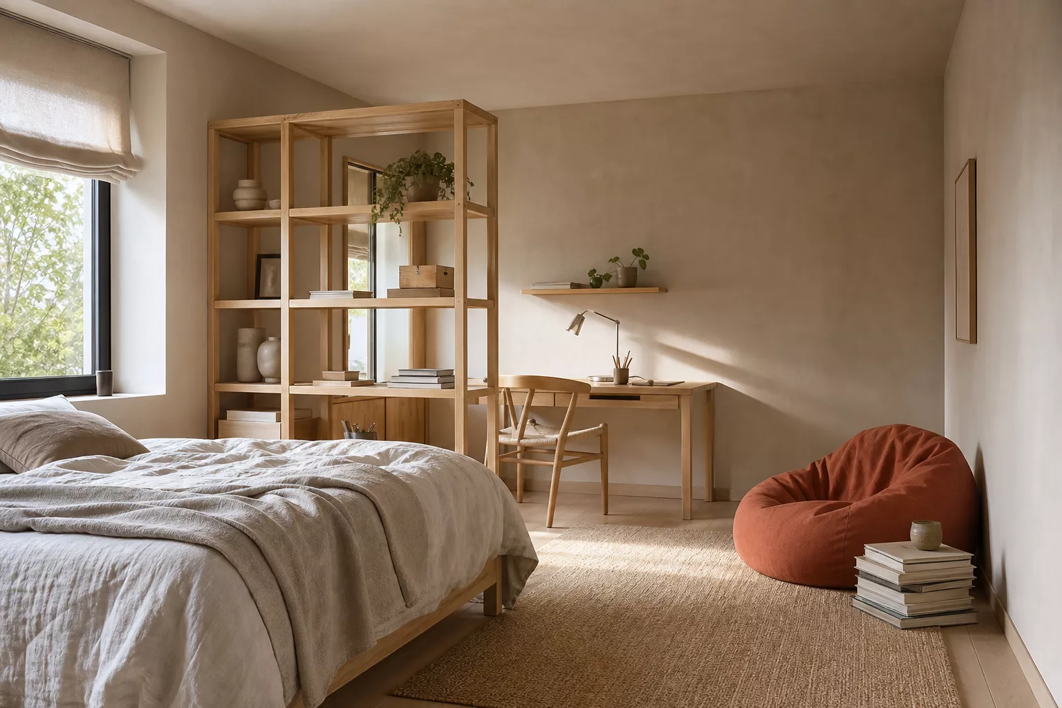 Jugendzimmer einrichten mit Bett, Schreibtisch und Chill-Ecke in ruhigen Sandtönen