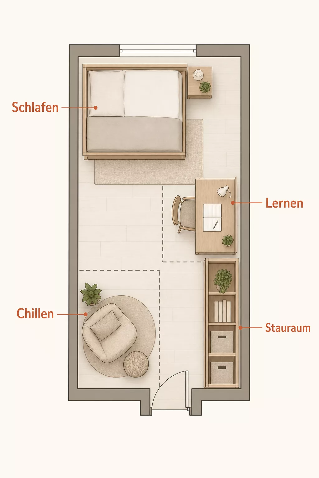 Infografik Zonenplan für ein Jugendzimmer mit Schlafen, Lernen, Chillen und Stauraum