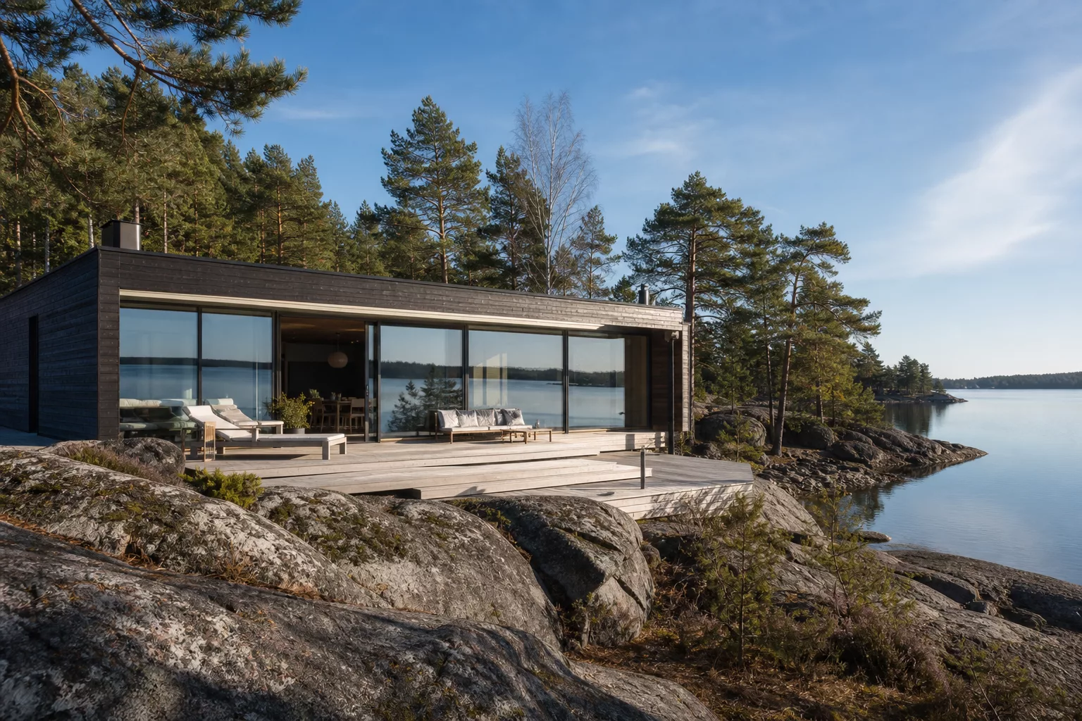 Moderne Glasvilla an einem schwedischen See im Kiefernwald