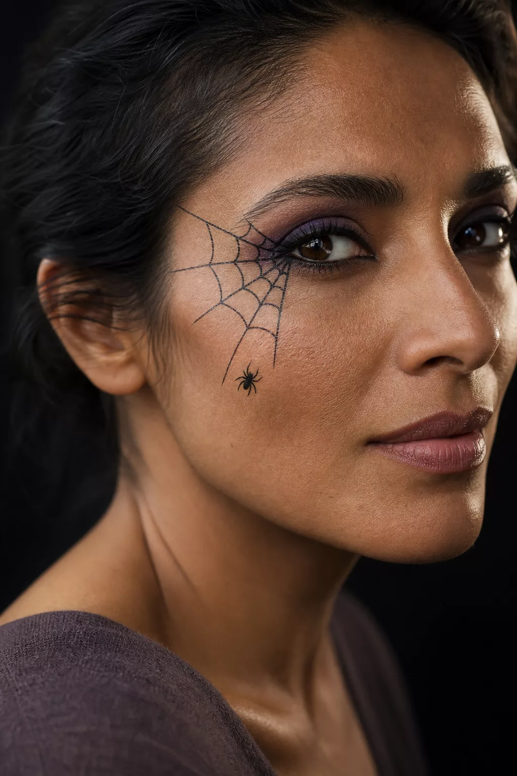 Spinnennetz Augen Make-up mit kleiner Spinne auf der Wange