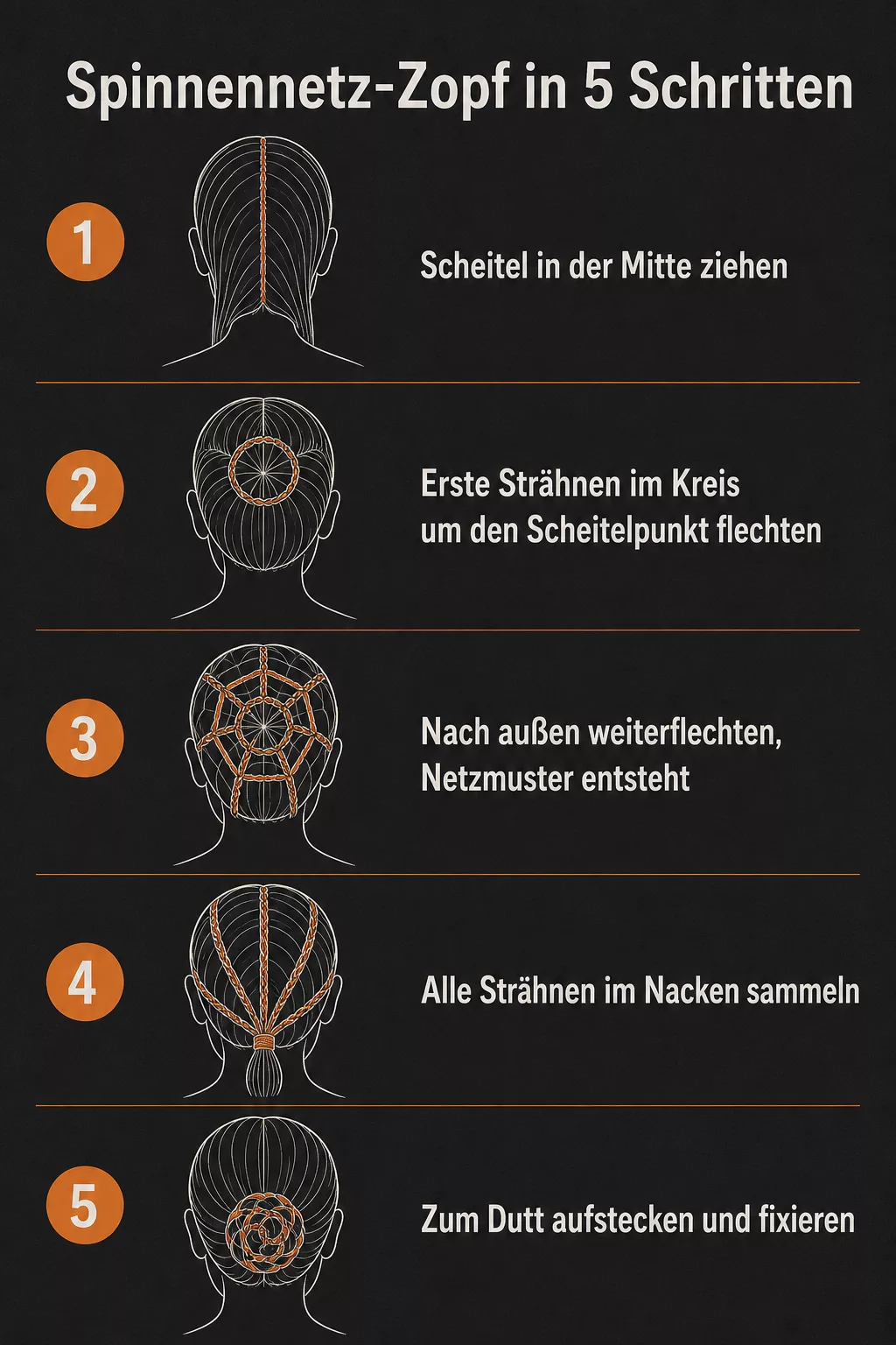 Infografik: Spinnennetz-Zopf zum Dutt flechten in 5 Schritten
