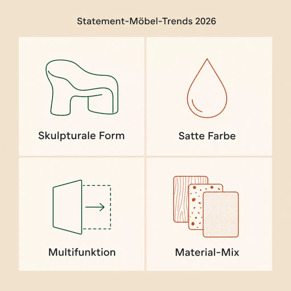 Grafik zu den Statement-Möbel-Trends 2026: Form, Farbe, Funktion, Material