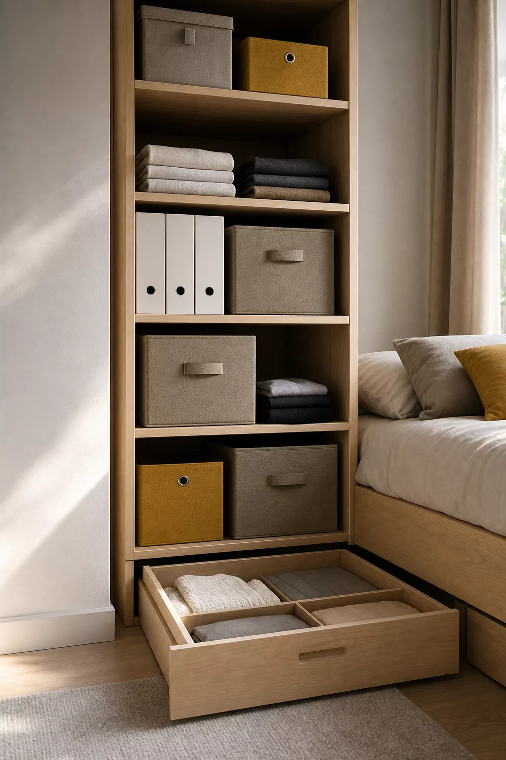 Stauraum im Jugendzimmer mit Regalen, Boxen und Platz unter dem Bett