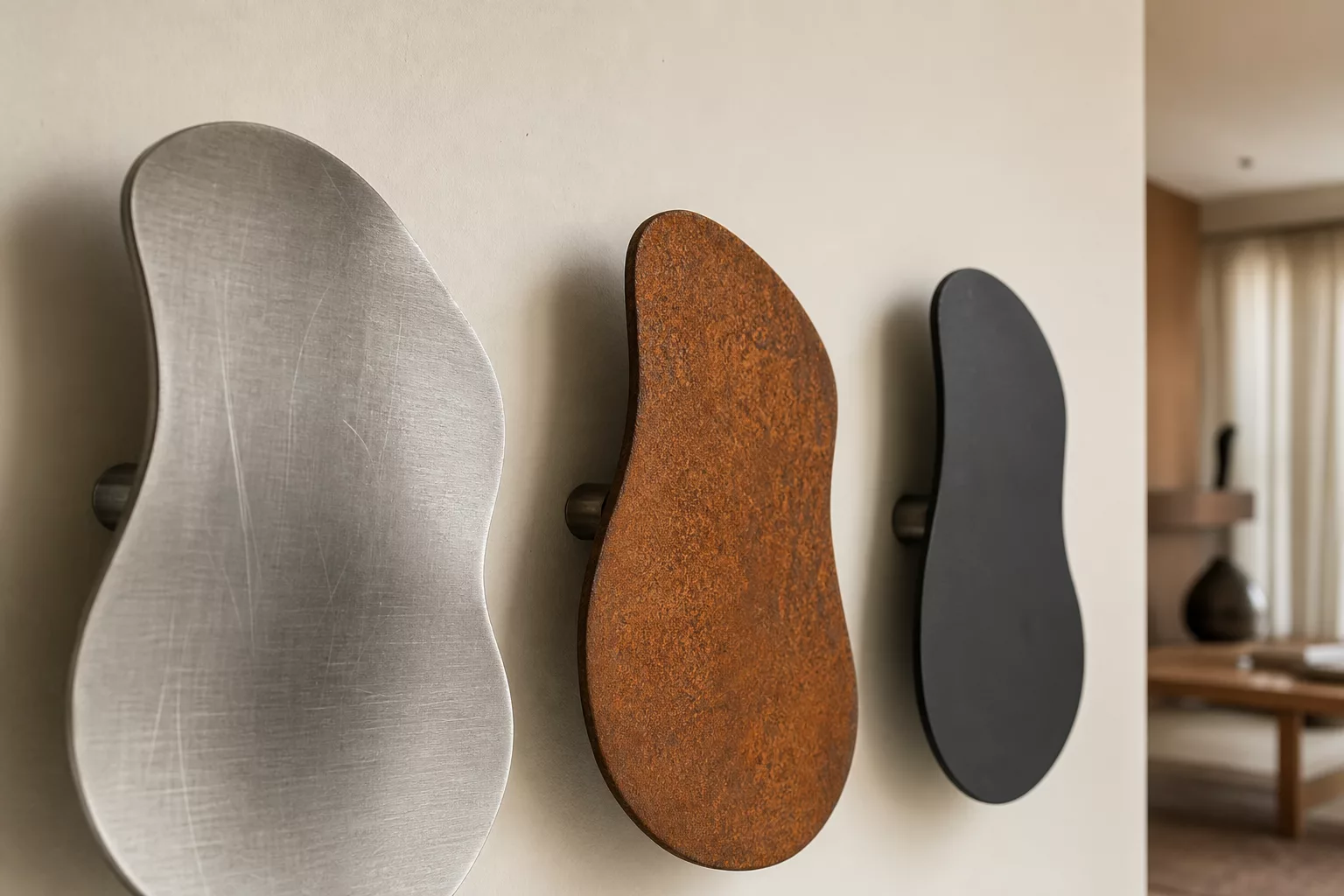 Nahaufnahme dreier Metall-Wanddeko-Oberflächen: Edelstahl, Corten, Schwarz