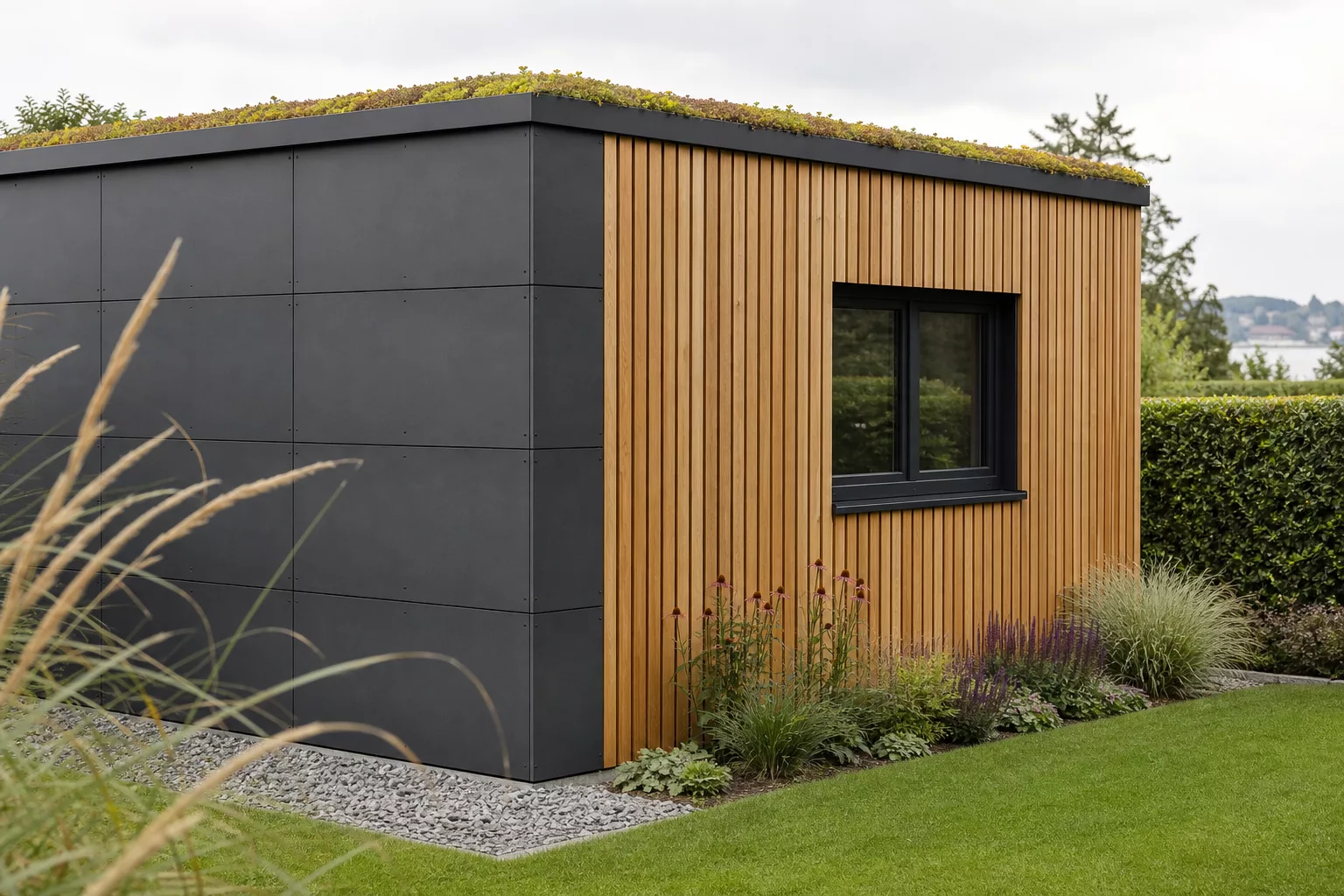 Anthrazit und Naturholz als Farbkombination am modernen Gartenhaus 2026