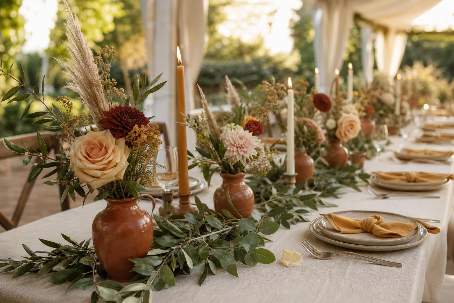 Tischgesteck aus frischen und getrockneten Blumen auf der Hochzeitstafel