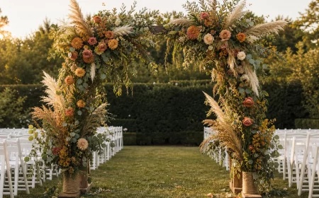 Traubogen mit Blumendeko in erdigen Trendfarben zur Hochzeit