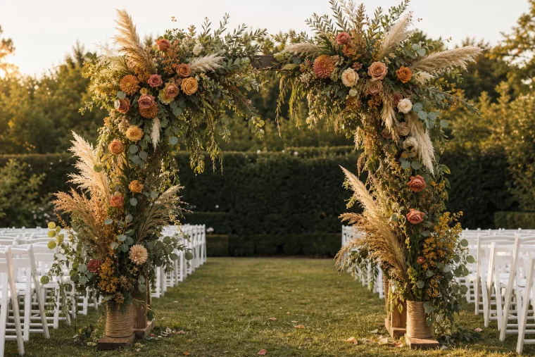 Traubogen mit Blumendeko in erdigen Trendfarben zur Hochzeit