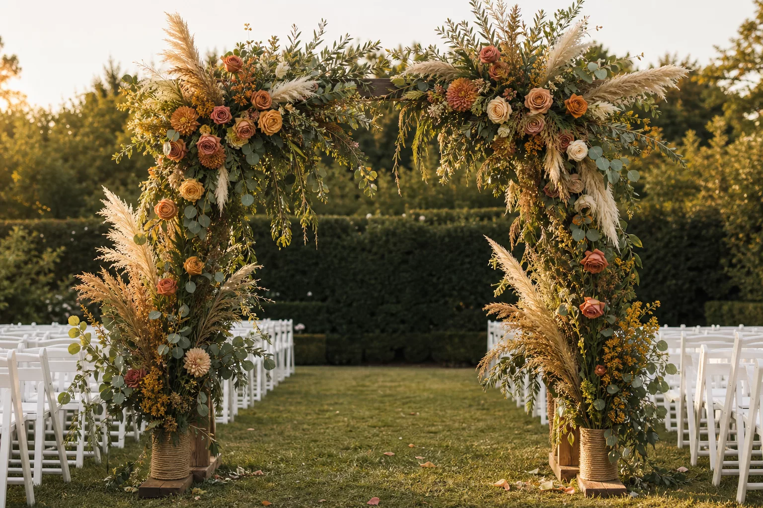 Traubogen mit Blumendeko in erdigen Trendfarben zur Hochzeit