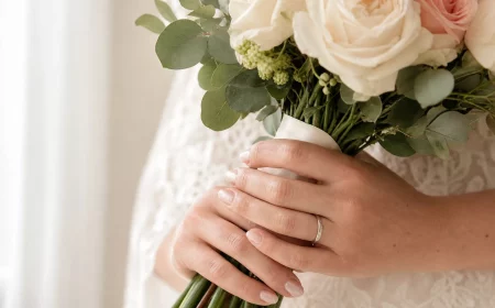 Brautnägel 2026 in mildem Nude mit Perlglanz an einer Hand mit Brautstrauß und Ring