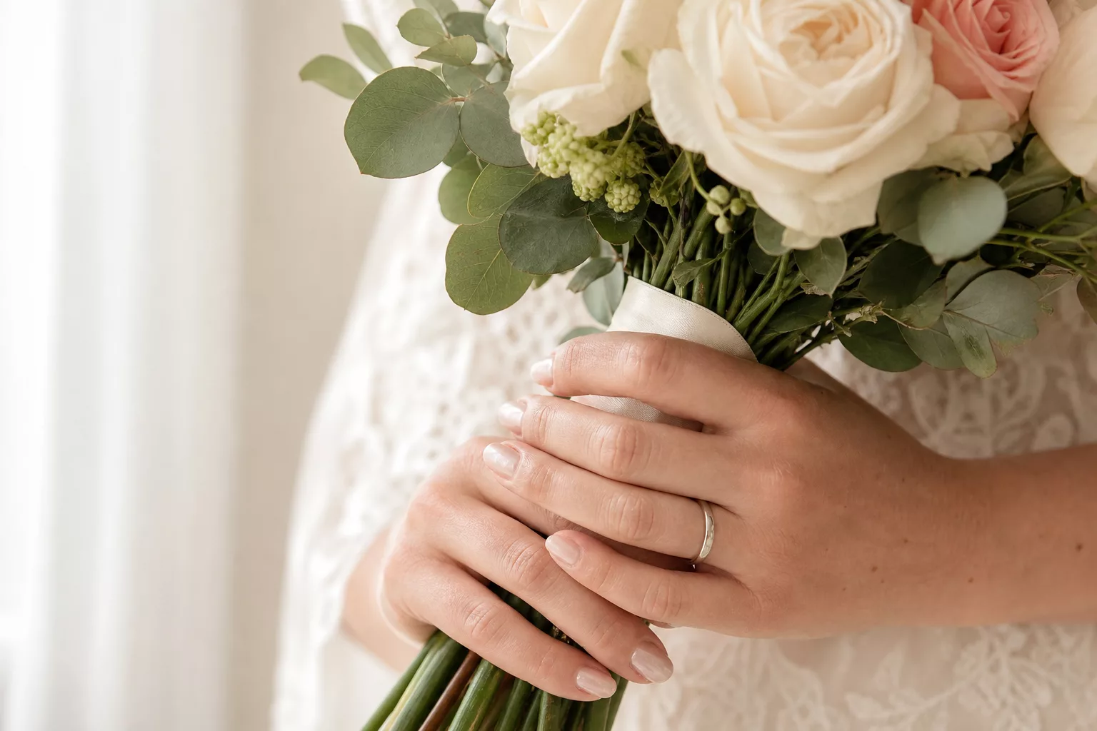 Brautnägel 2026 in mildem Nude mit Perlglanz an einer Hand mit Brautstrauß und Ring