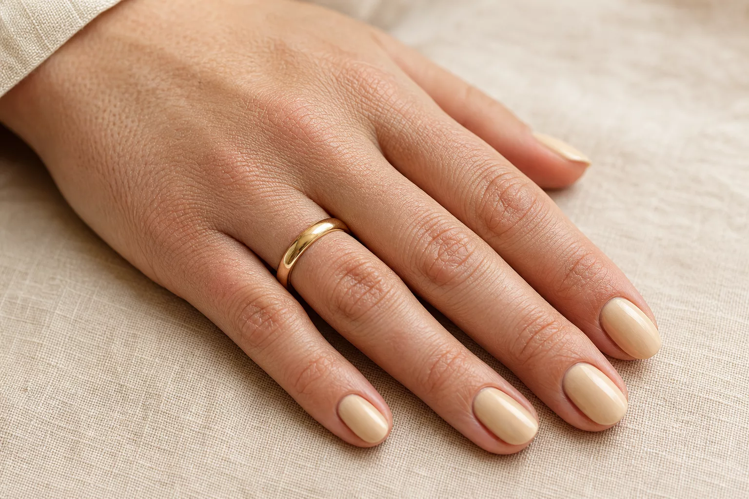 Hand mit warmen cremefarbenen Brautnägeln direkt neben einem Gelbgold-Ehering