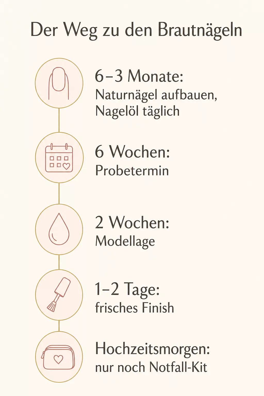 Grafik: Zeitstrahl für Brautnägel von sechs Monaten bis zum Hochzeitsmorgen