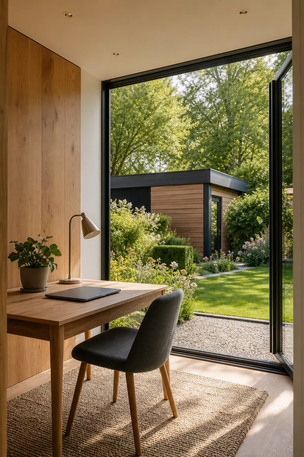 Gartenbüro im Gartenhaus mit Schreibtisch am Fenster