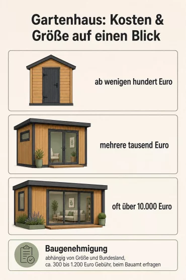 Infografik zu Kosten, Größe und Baugenehmigung für ein Gartenhaus