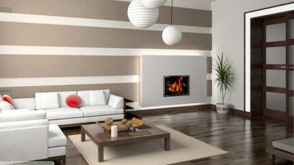 gemütliches-Wohnzimmer- Interior-Design-Tapete-weße-Lampen