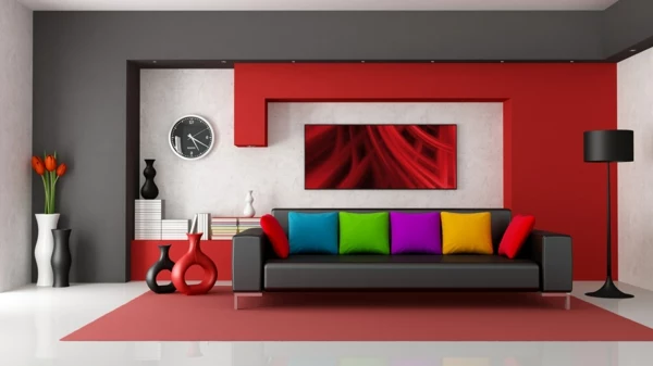 gemütliches-Wohnzimmer- Interior-Design-rote-Wand-Wohnzimmer-Einrichtung