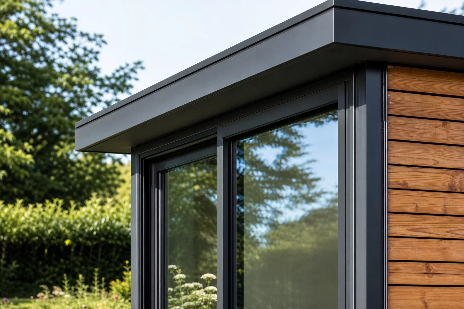 Glasfront und Flachdach als Gestaltungsmerkmal am Gartenhaus