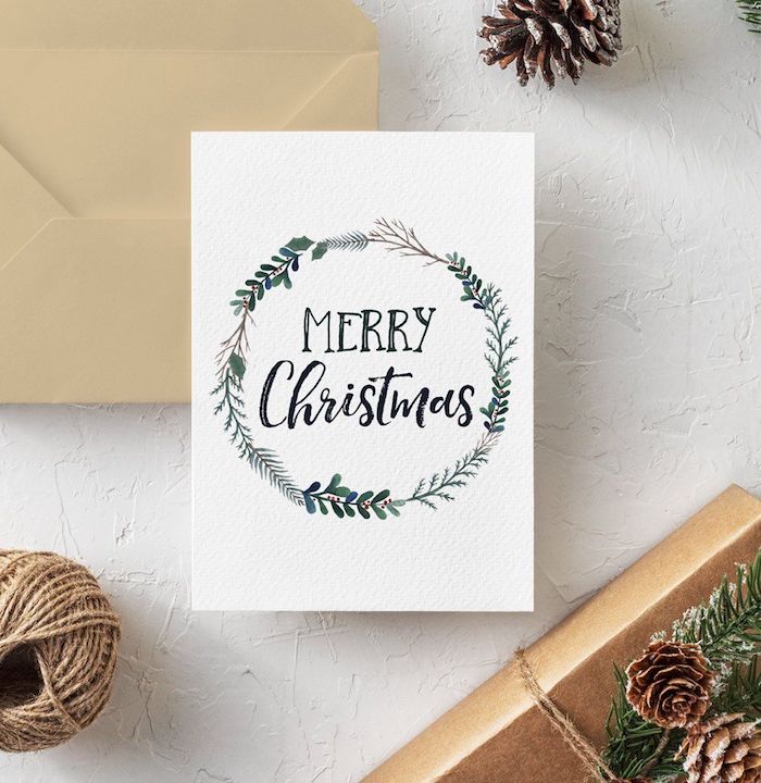Simples Design für Weihnachtskarten, schwarze Aufschrift Merry Christmas, einfacher Weihnachtskranz, weihnachtskarten selber basteln vorlagen kostenlos