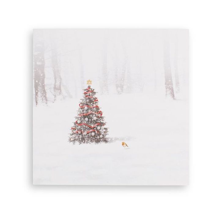 Weihnachtskarte mit Foto, geschmückter Tannenbaum und kleines Vögelchen, Wald mit Schnee bedeckt