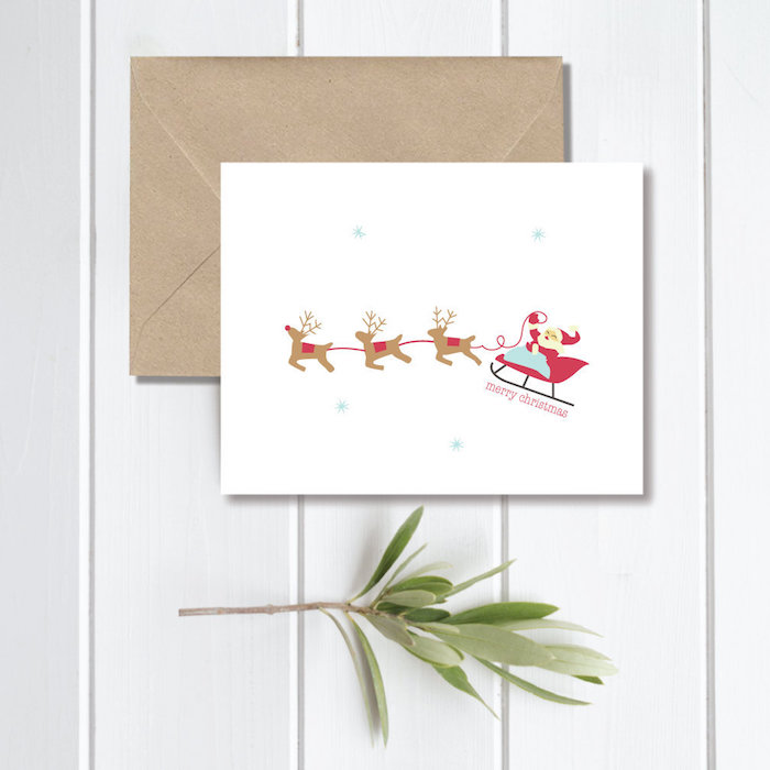 Ideen für Weihnachtskarten, der Weihnachtsmann im Schlitten mit drei Rentieren auf weißem Grund 