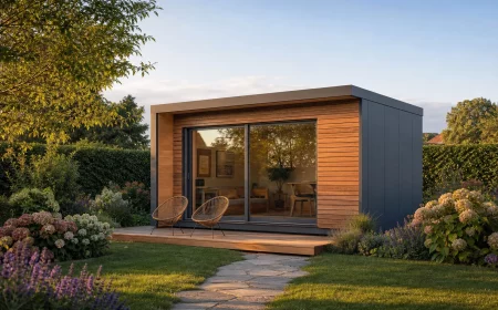 Modernes Gartenhaus 2026 mit Flachdach und großer Glasfront im Sommergarten