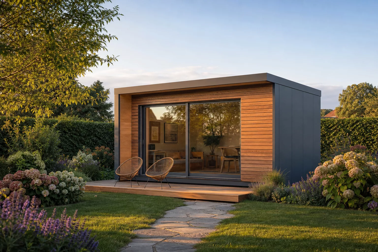 Modernes Gartenhaus 2026 mit Flachdach und großer Glasfront im Sommergarten