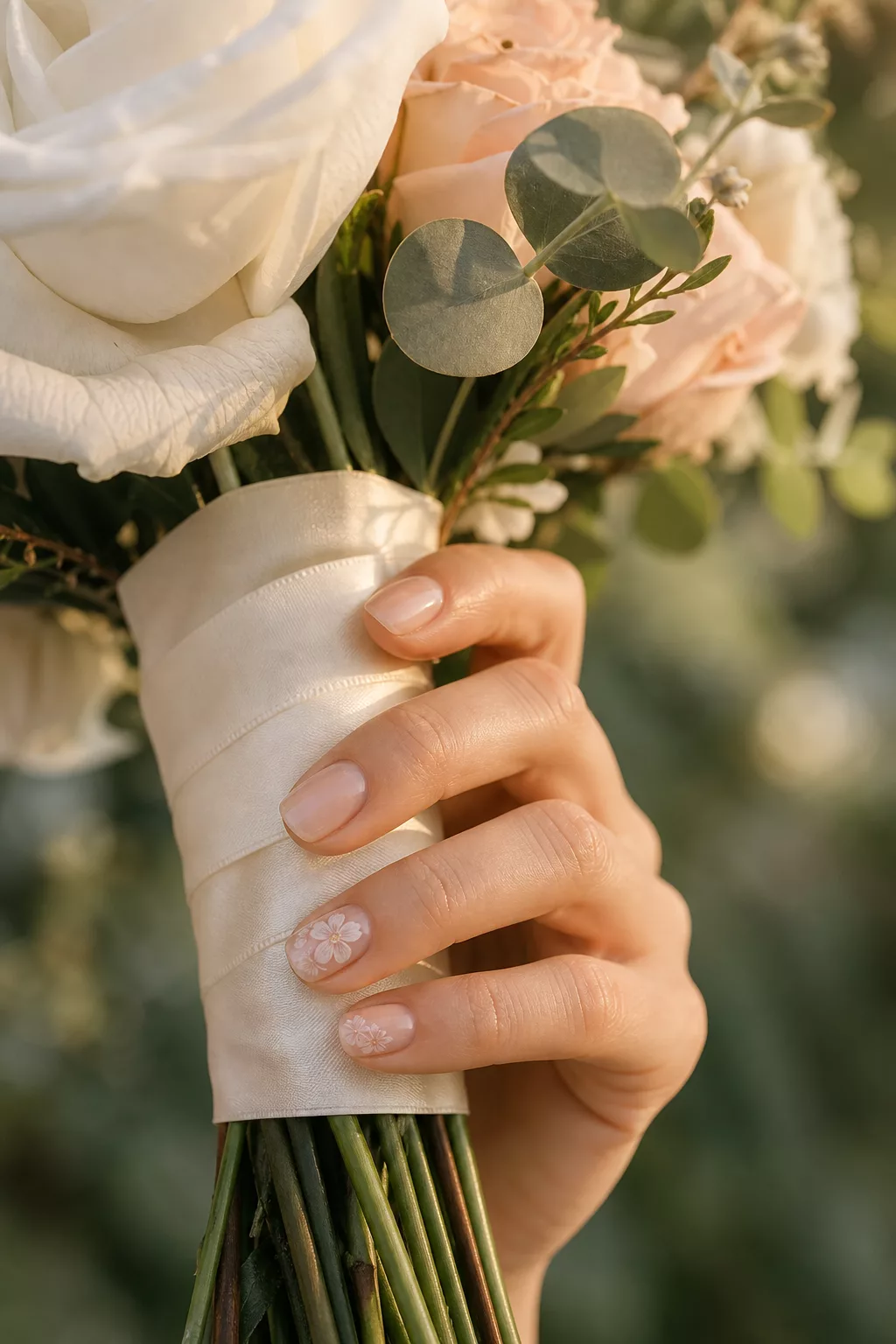 Hand am Brautstrauß mit zarten 3D-Blüten-Nägeln auf zwei Fingern