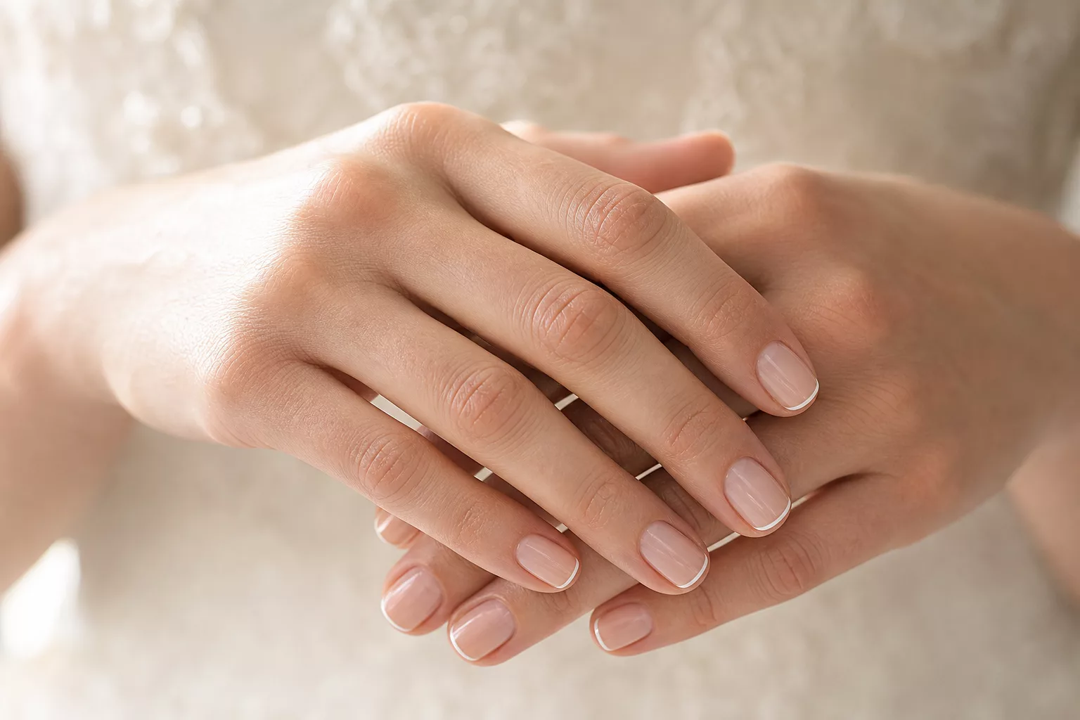 Micro-French-Nageldesign Hochzeit: verschränkte Hände in Nude und Weiß