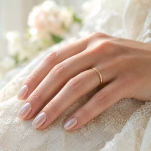 Nageldesign Hochzeit: Perlglanz-Maniküre auf Brautkleid-Spitze mit Ehering