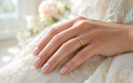 Nageldesign Hochzeit: Perlglanz-Maniküre auf Brautkleid-Spitze mit Ehering