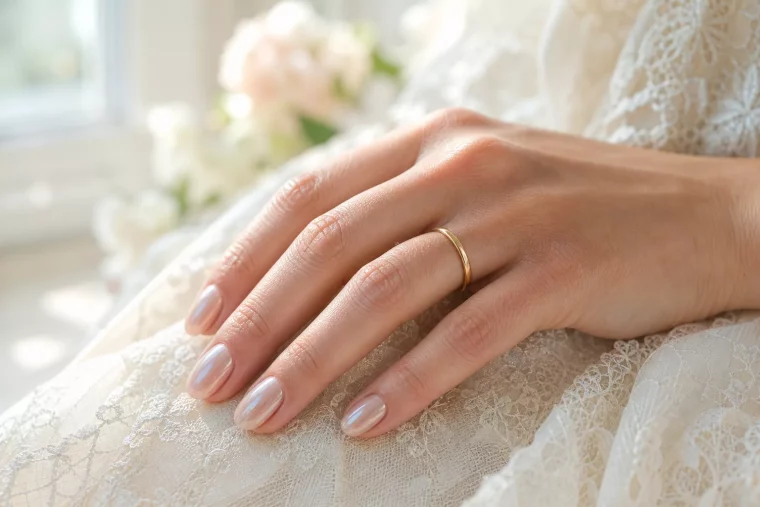 Nageldesign Hochzeit: Perlglanz-Maniküre auf Brautkleid-Spitze mit Ehering