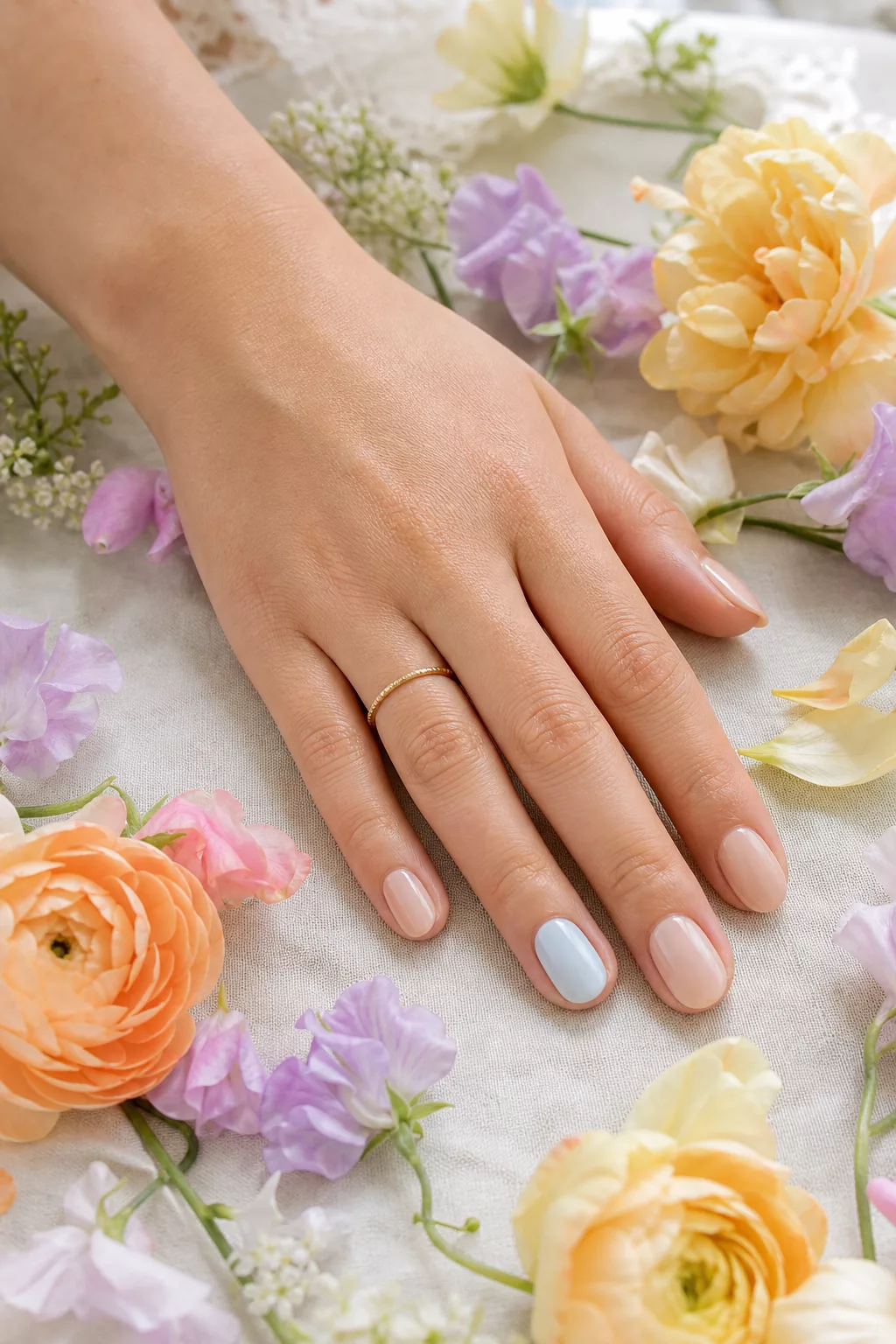 Hand mit Babyblau-Akzentnagel neben Pastellblüten und Goldring